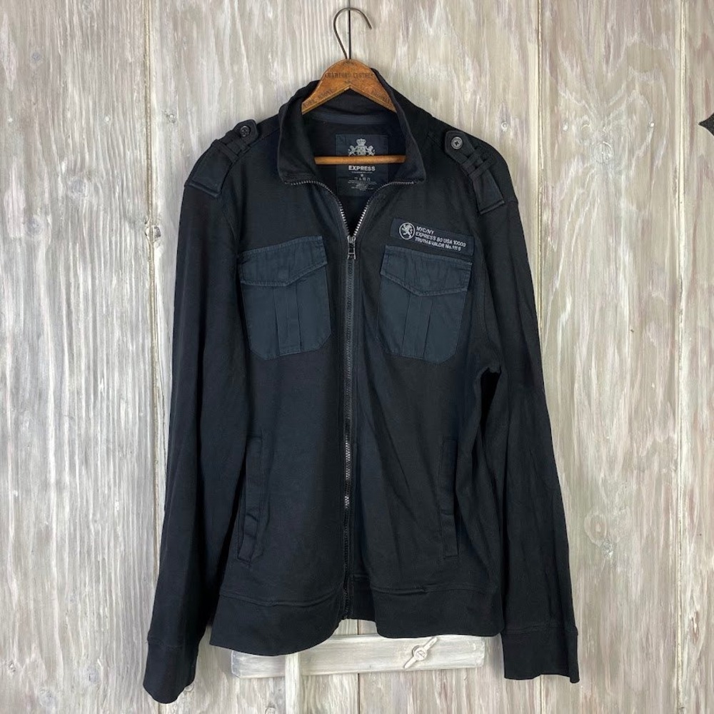 Express Black‎ Full Zip Military Style Jacket Mens M Sweatshirt *Tear/Hole READ
